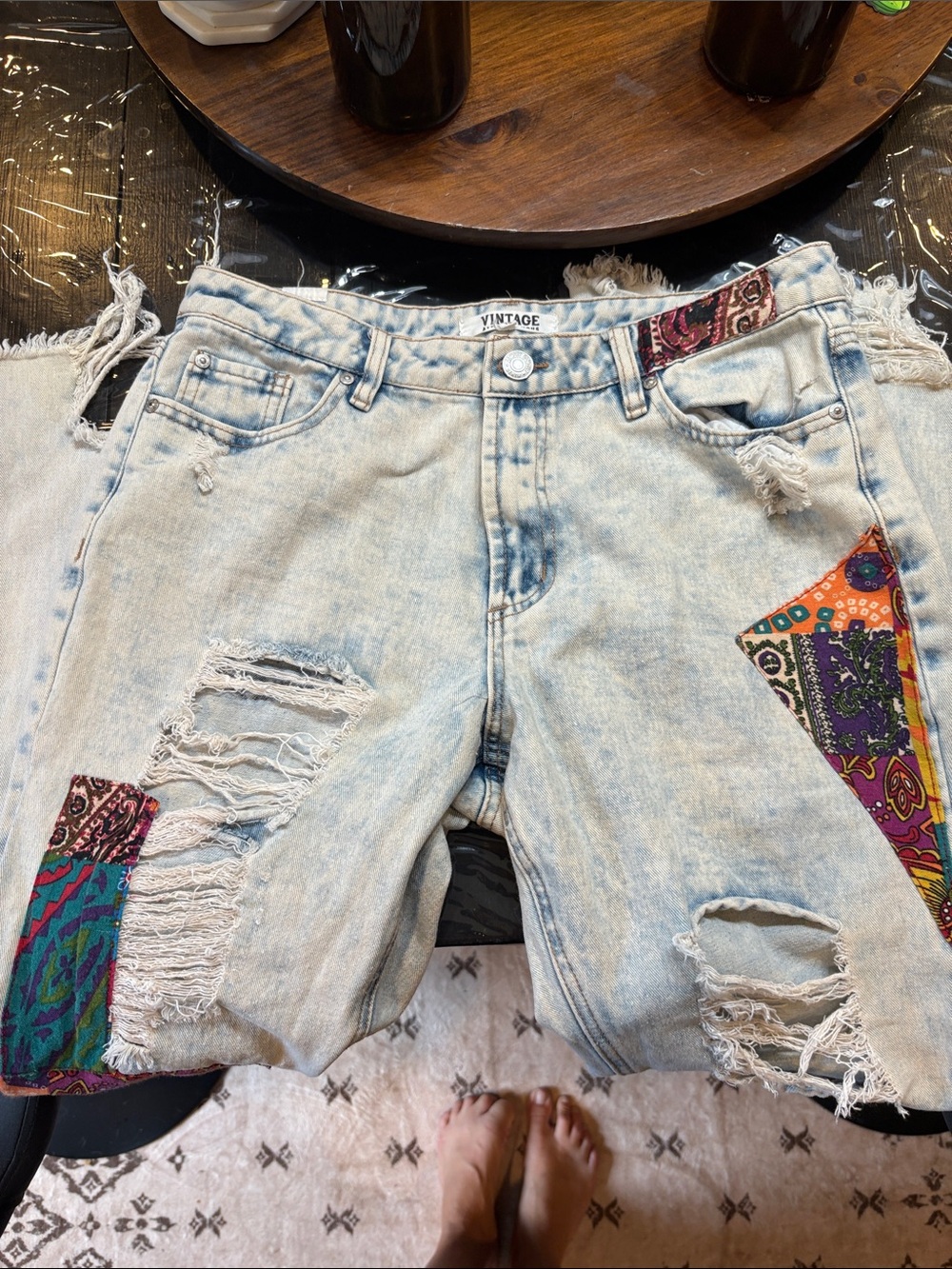 Vintage Light Blue Straight-Leg Jeans with Multicolor Patchwork